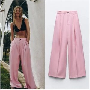 Zara Flowy Pink Pleated Wide-Leg Pants